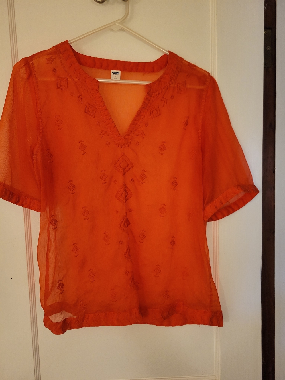 Old Navy Sheer Embroidered V-Neck Blouse in Orange
